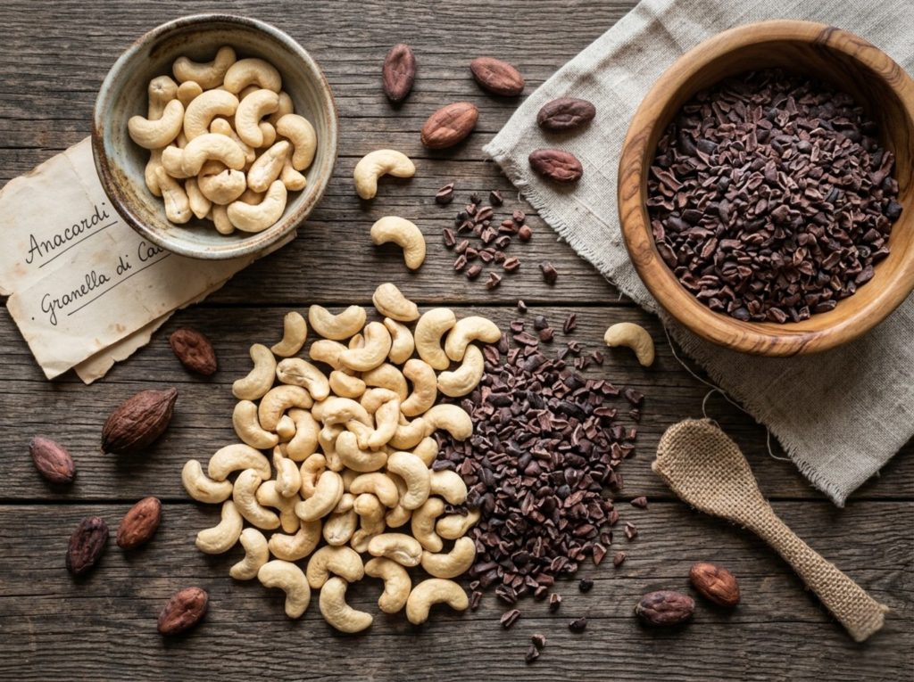 Ingredienti crema spalmabile Belissa. Anacardi tostati e granella di fave di cacao tostate