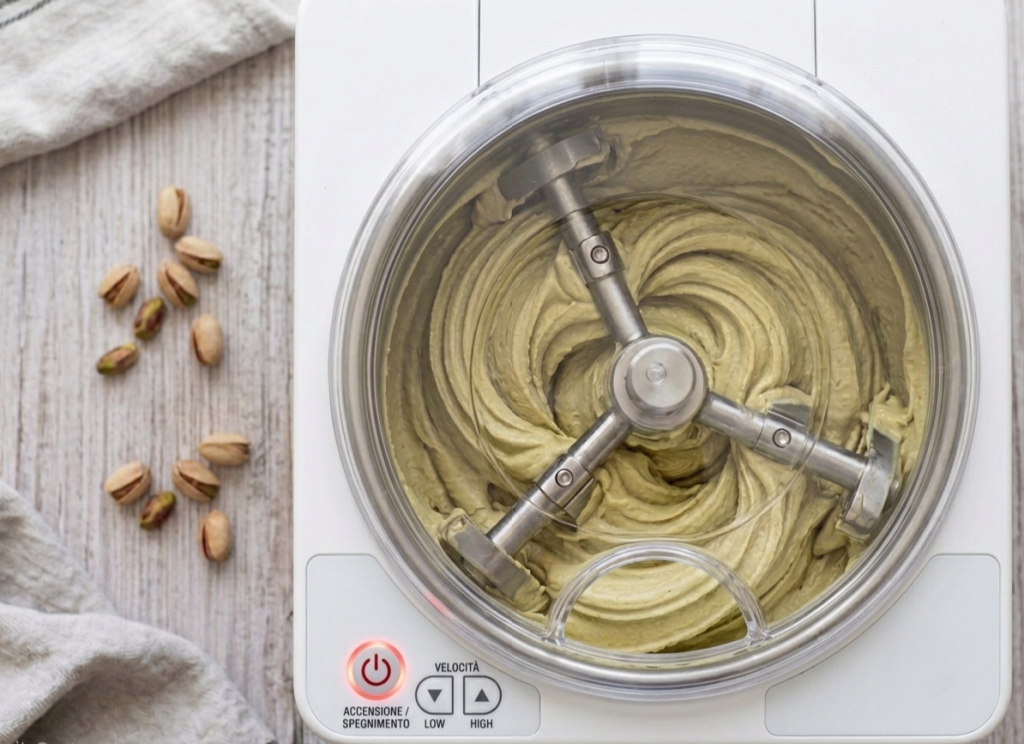 Gelato prodotto con gelatiera, gusto pistacchio