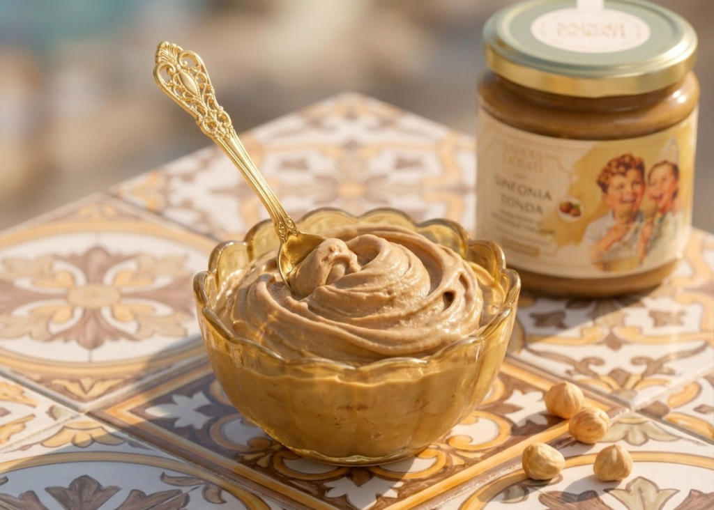 Coppa gelato alla nocciola fatto in casa artigianalmente con pasta 100% nocciole Sinfonia Tonda Sapori Dorati